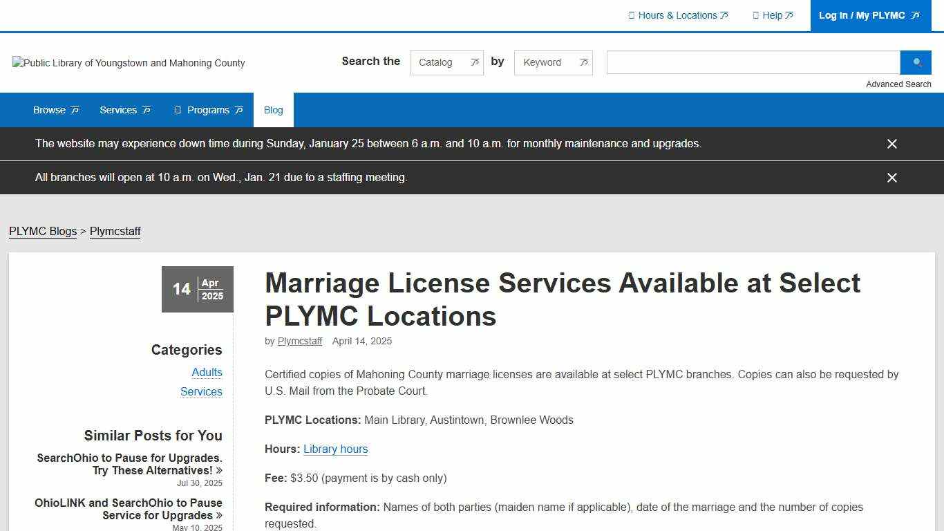 Marriage License Services Available at Select PLYMC Locations | The Public Library of Youngstown & Mahoning County