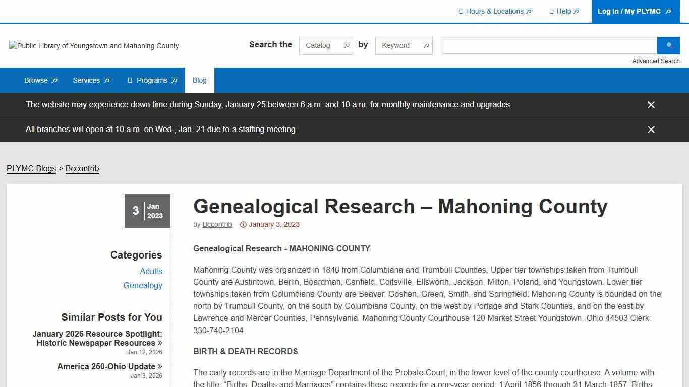 Genealogical Research – Mahoning County | The Public Library of Youngstown & Mahoning County